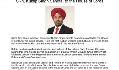 Labour Party appointed first turban-wearing Sikh in the House of Lords