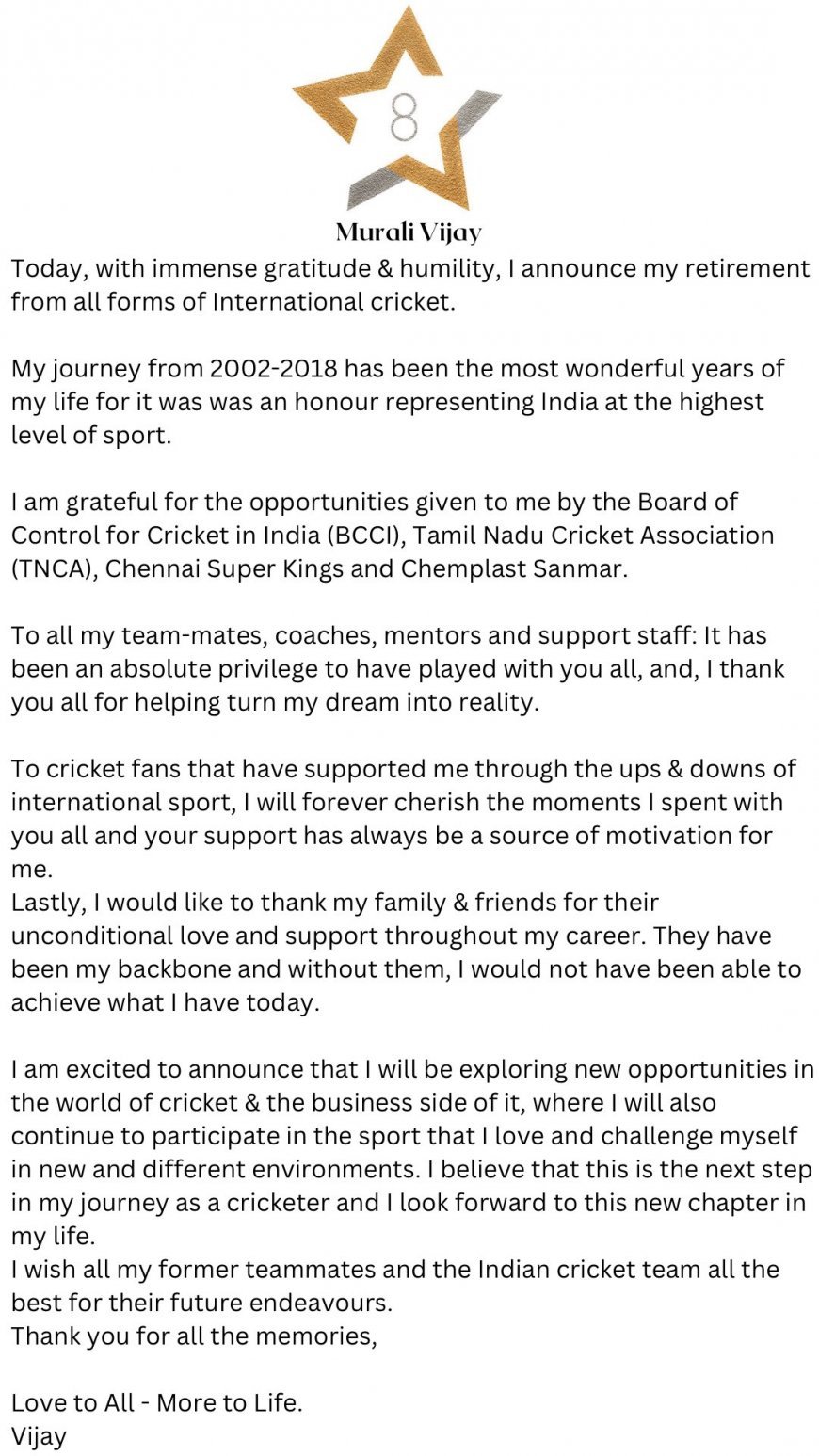 India opener Murali Vijay retires from international cricket